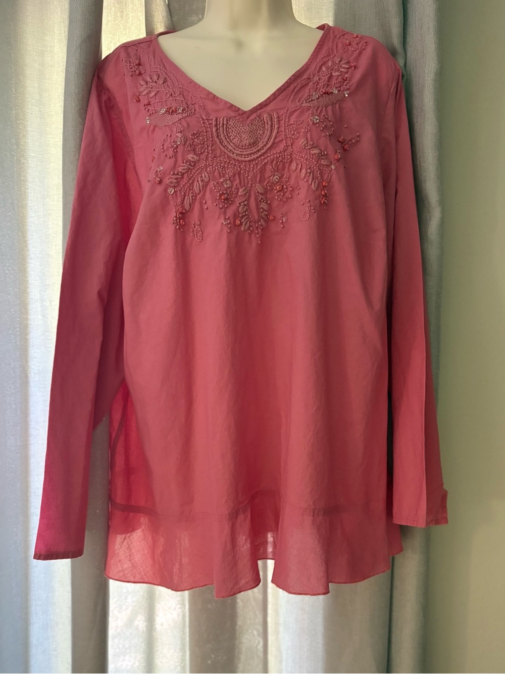 Pink Embroidered Boho Tunic Blouse by Venezia L/XL Peasant Top Cottagecore V-Nec